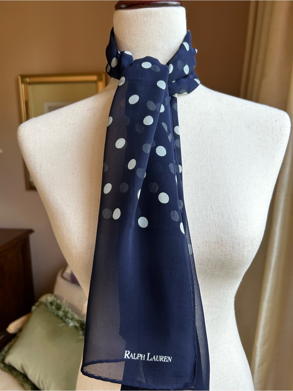 Classic!  Vintage Ralph Lauren Polka Dot Silk Scarf
